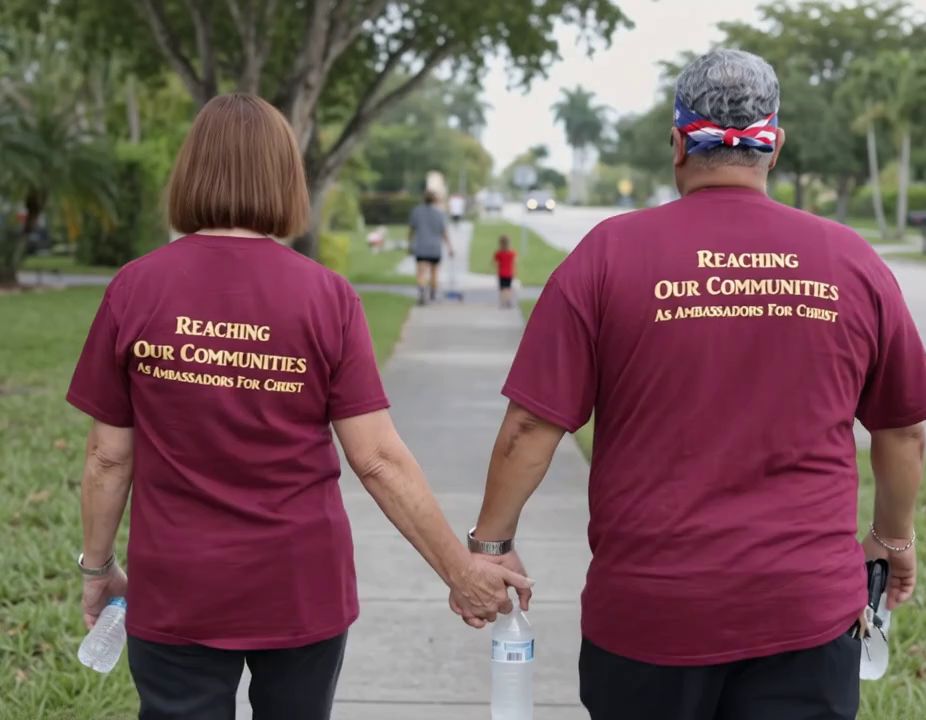 Two AFCO 5:20 outreach volunteers walking together through a Florida neighborhood.